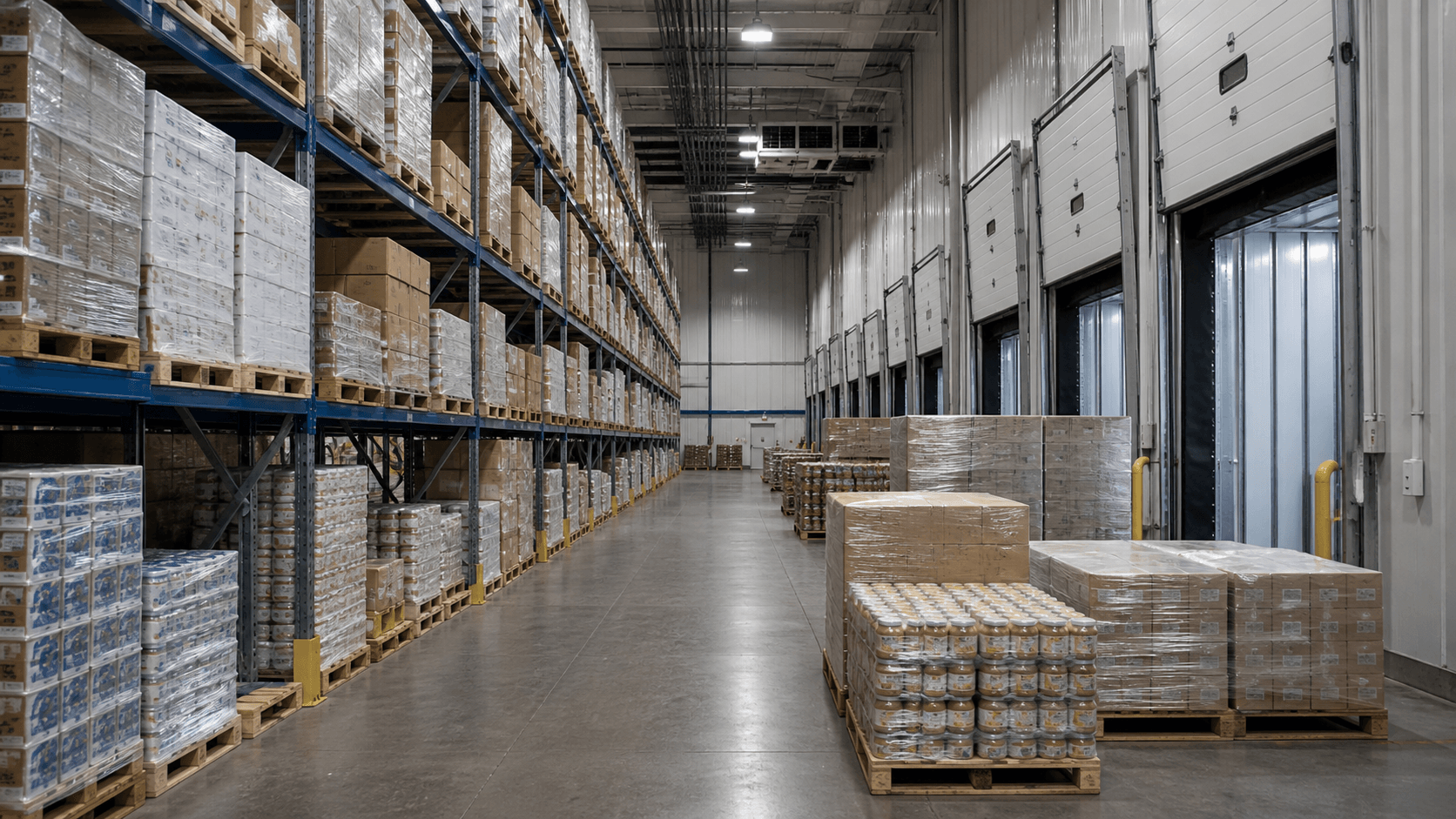 Palletized grocery inventory in a wholesale cold-storage warehouse