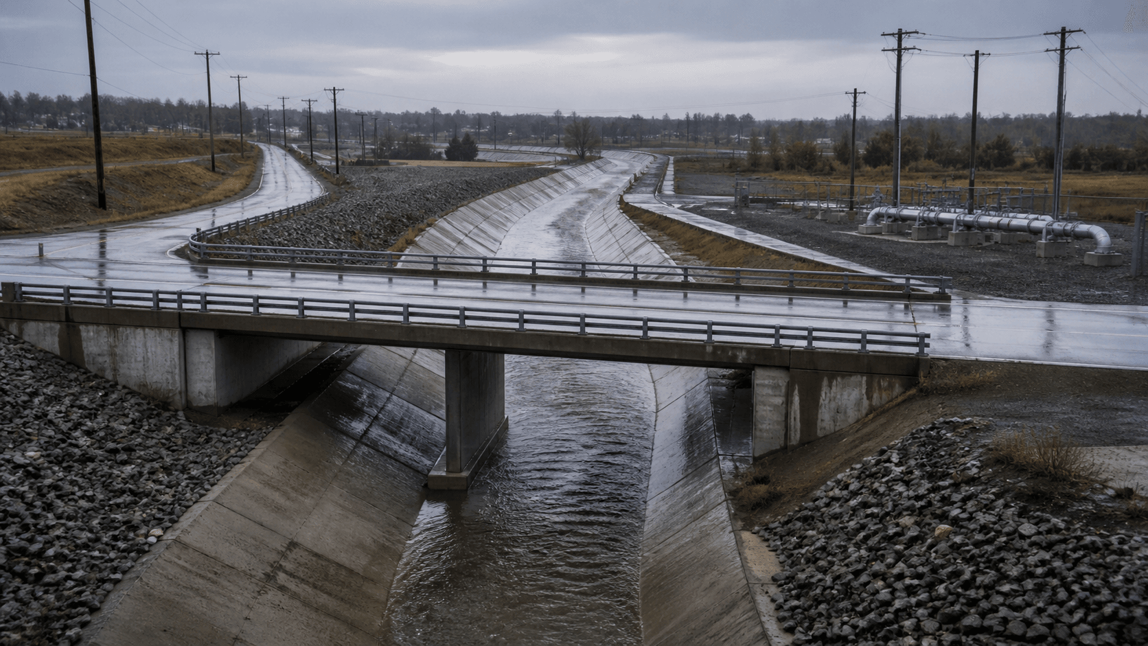 Public flood-control, road and utility infrastructure after rain