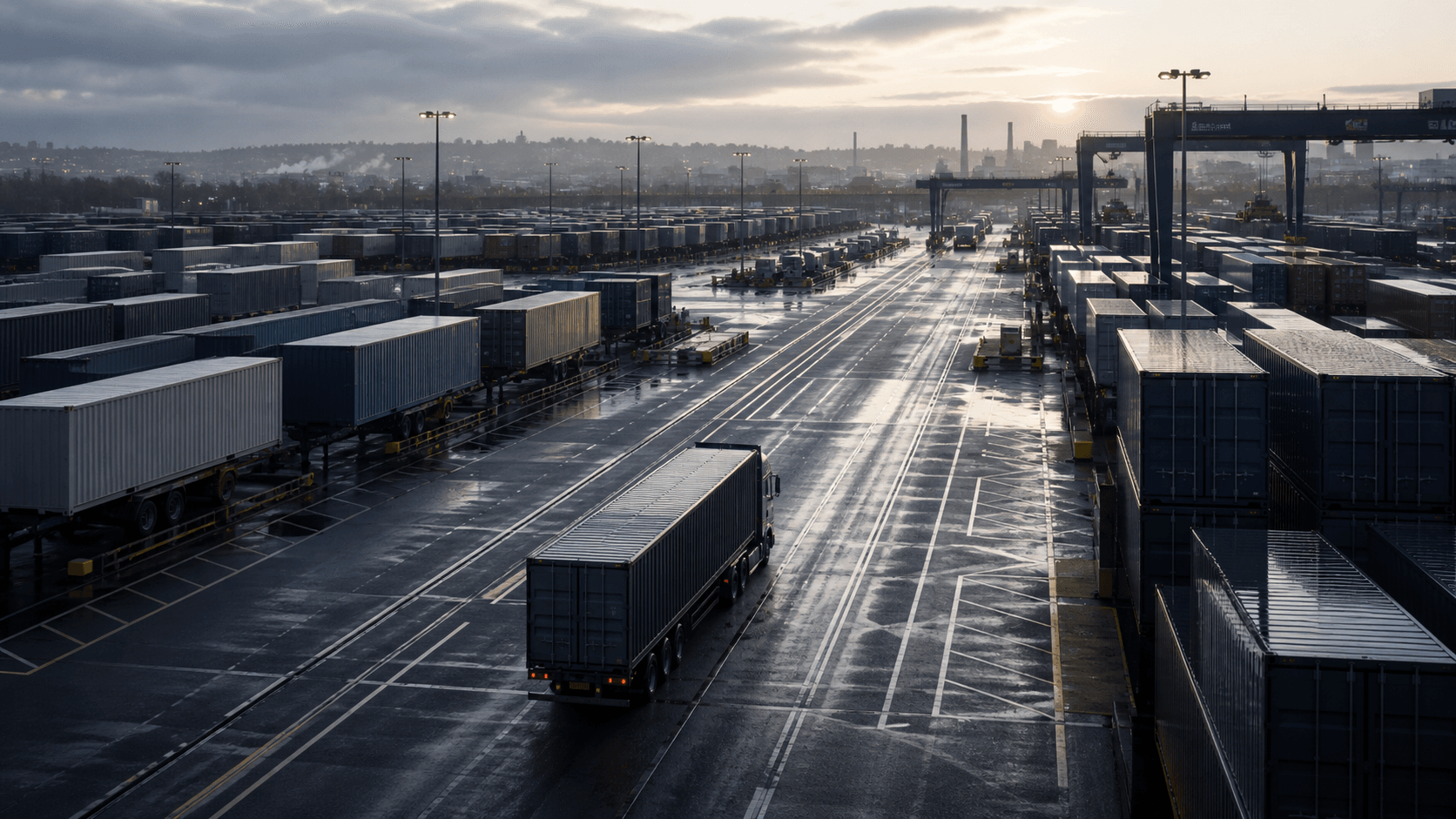 Freight lanes and unbranded trailers across an intermodal yard